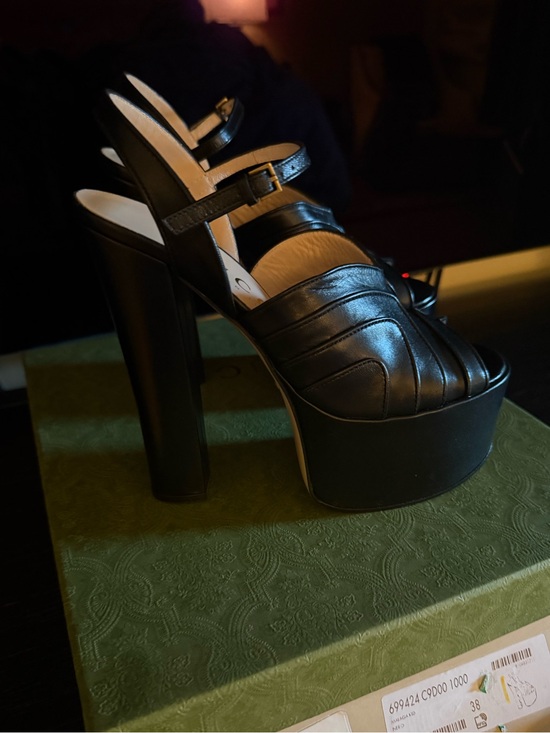 Gucci Shoes - Gucci Black Leather Platform Sandals with Ankle Straps